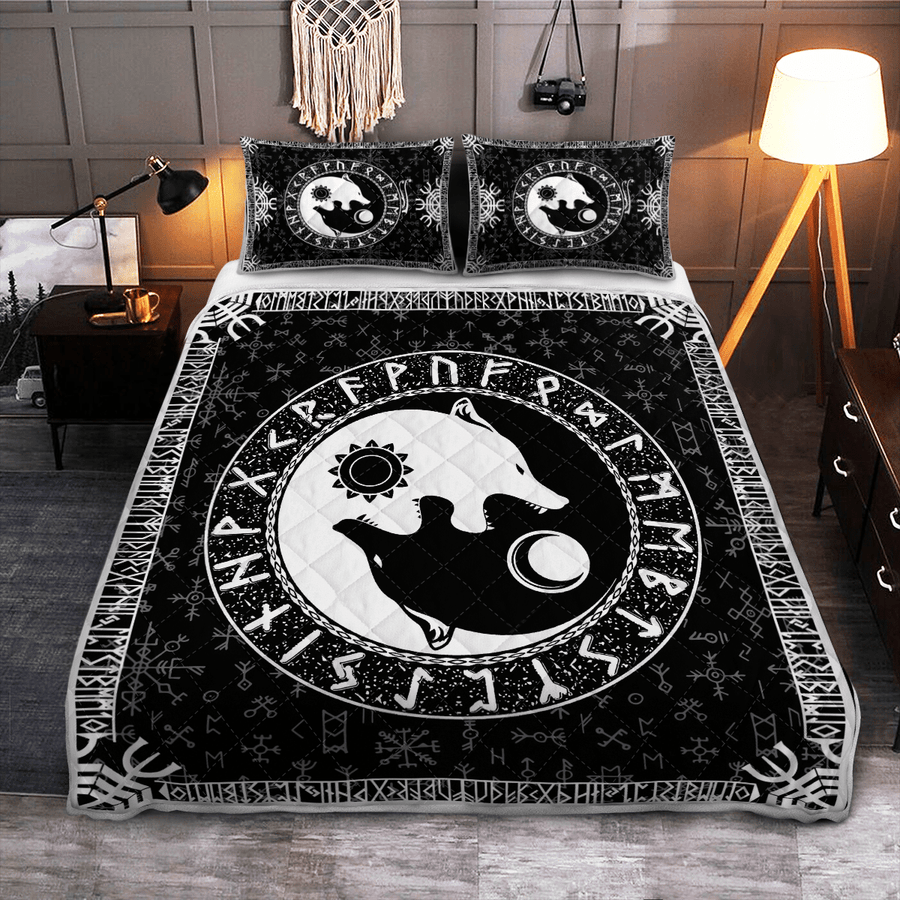 Ligerking Quilt Bed Set - YIN YANG WOLF VIKING - VIKING QUILT BEDDING SET