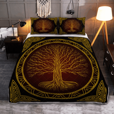 Ligerking Quilt Bed Set - YGGDRASIL TREE AT NIGHT - VIKING QUILT BEDDING SET