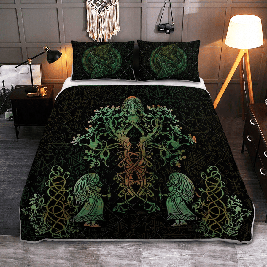 Ligerking Quilt Bed Set - TREE OF LIFE - RAVEN VIKING - VIKING QUILT BEDDING SET