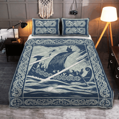Ligerking Quilt Bed Set - VIKING SHIP ART - VIKING QUILT BEDDING SET