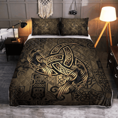 Ligerking Quilt Bed Set - TOTEM BIRDS RAVEN HUGINN AND MUNINN RAVENS OF ODIN - VIKING QUILT BEDDING SET