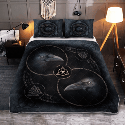 Ligerking Quilt Bed Set - RAVEN AND RUNIC SYMBOLS - VIKING QUILT BEDDING SET