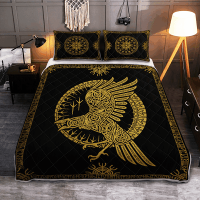 Ligerking Quilt Bed Set - RAVENS IN CELTIC MYTHOLOGY AND RUNIC - VIKING QUILT BEDDING SET