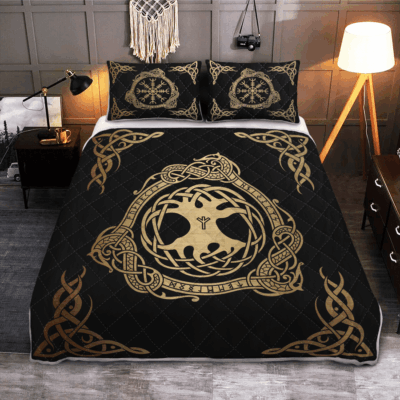 Ligerking Quilt Bed Set - TREE YGGDRASIL AND VEGVISIR - VIKING QUILT BEDDING SET