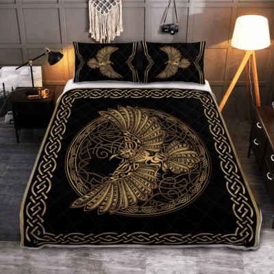 Ligerking Quilt Bed Set - ODIN'S CELTIC RAVEN ON THE BACKGROUND YGGDRASIL TREE - VIKING QUILT BEDDING SET
