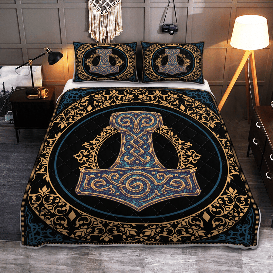 Ligerking Quilt Bed Set - THOR HAMMER MJOLNIR - VIKING HAMMER - VIKING QUILT BEDDING SET