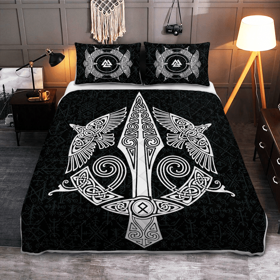 Ligerking Quilt Bed Set - RAVEN AND SPEAR OF ODIN - VIKING QUILT BEDDING SET