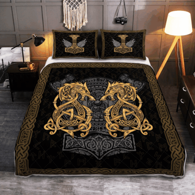 Ligerking Quilt Bed Set - FENRIR WOLF AND HAMMER - VIKING QUILT BEDDING SET