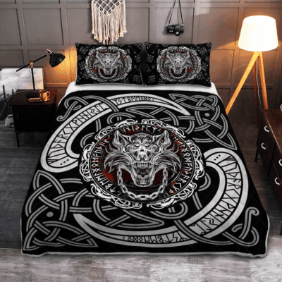 Ligerking Quilt Bed Set - FENRIR WOLF WITH NORSE PATTERN - VIKING QUILT BEDDING SET