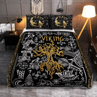 Ligerking Quilt Bed Set - FENRIR WOLF WITH NORSE PATTERN - VIKING QUILT BEDDING SET
