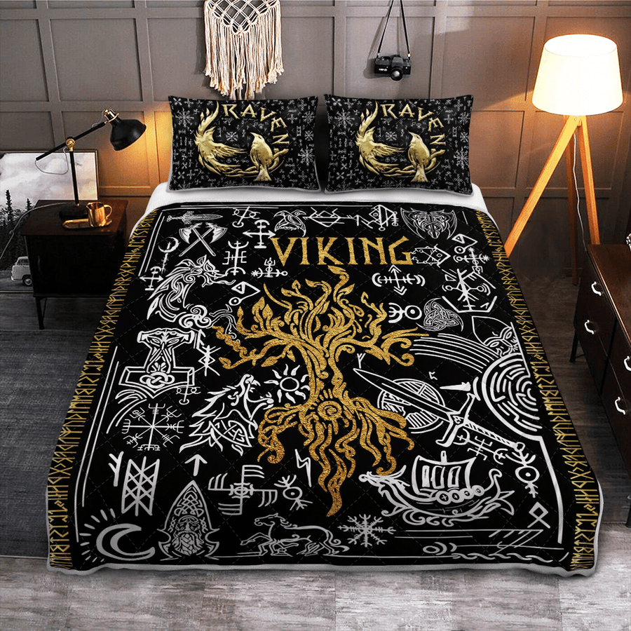 Ligerking Quilt Bed Set - FENRIR WOLF WITH NORSE PATTERN - VIKING QUILT BEDDING SET