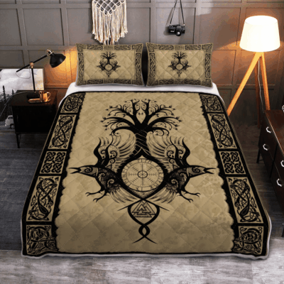 Ligerking Quilt Bed Set - RAVEN WITH YGGDRASIL - VIKING QUILT BEDDING SET