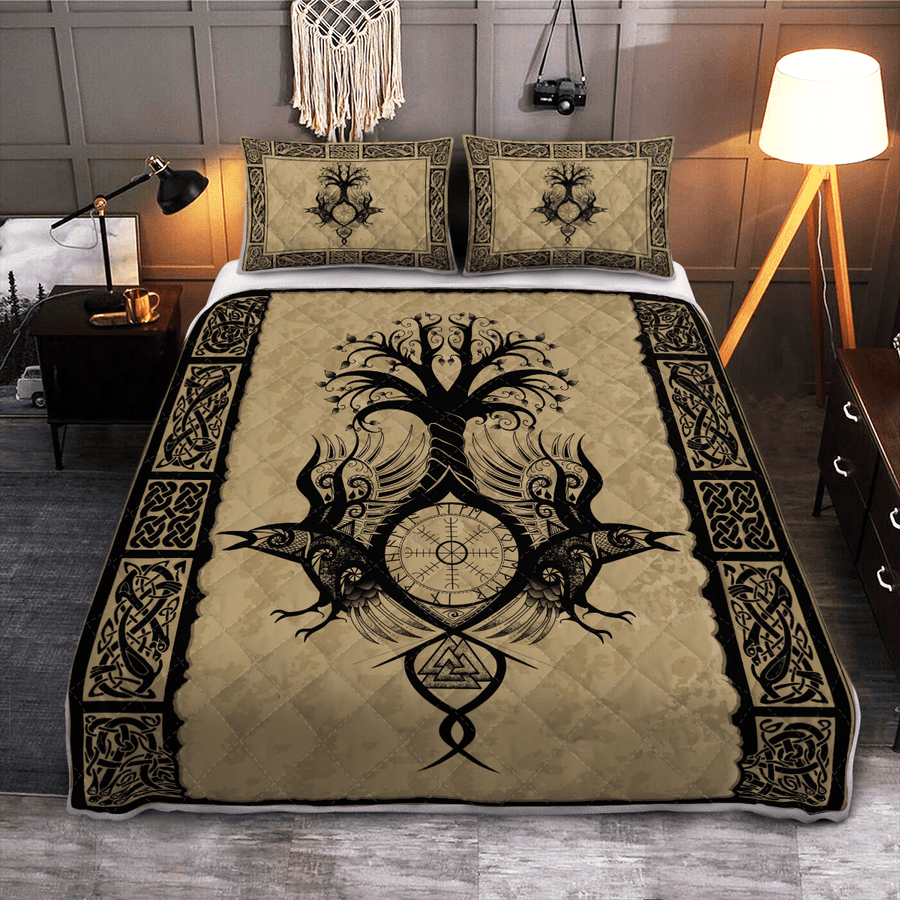 Ligerking Quilt Bed Set - RAVEN WITH YGGDRASIL - VIKING QUILT BEDDING SET