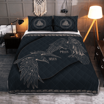 Ligerking Quilt Bed Set - ODIN'S RAVENS - HUGINN AND MUNINN - VIKING QUILT BEDDING SET