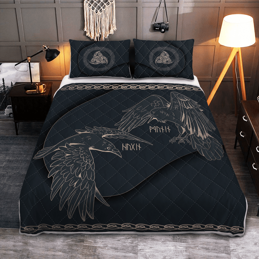 Ligerking Quilt Bed Set - ODIN'S RAVENS - HUGINN AND MUNINN - VIKING QUILT BEDDING SET