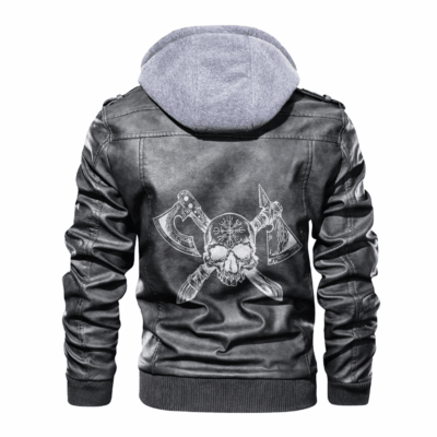 Ligerking - Viking Axes and Skull Helm of Awe Tattoo Leather Jacket A35