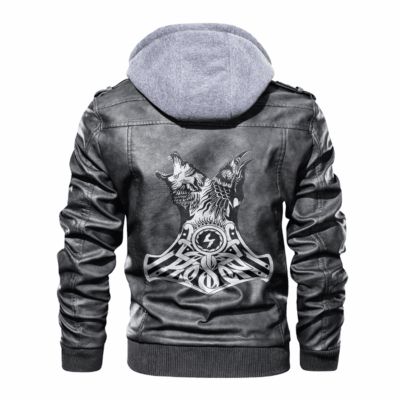 Ligerking - Viking Wolf,Raven and Mjolnir Leather Jacket A35