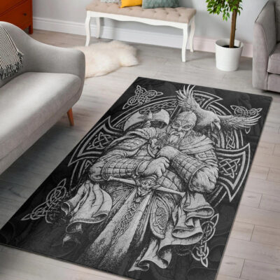 Ligerking Area Rug - Viking Odin Tattoo and Raven Round Vector Style Area Rug A35
