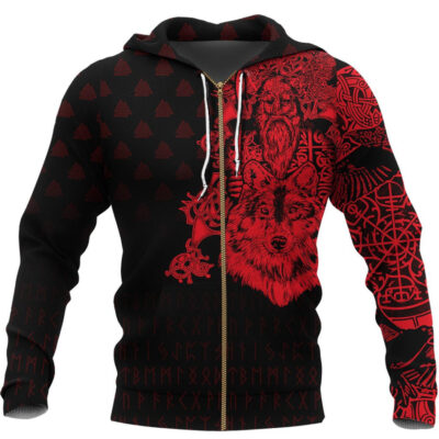 Viking Zip Hoodie - Old Norse Odin Tattoo - Red A7