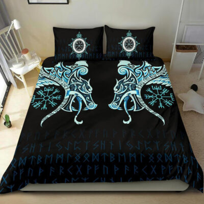 Ligerking Bedding Set, Fenrir Raven And Vegvisir Tattoo Cyan A31