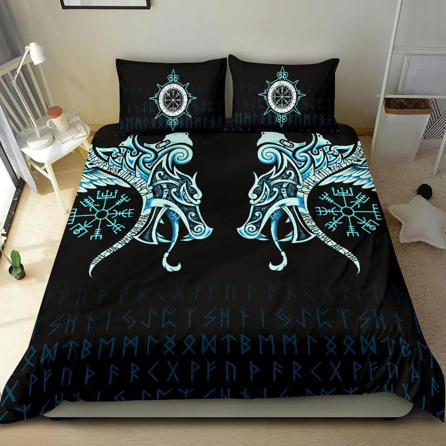 Ligerking Bedding Set, Fenrir Raven And Vegvisir Tattoo Cyan A31