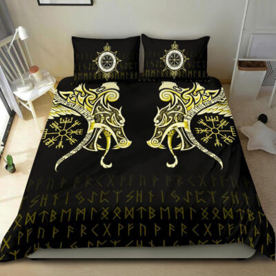 Ligerking Bedding Set, Fenrir Raven And Vegvisir Tattoo Yellow A31