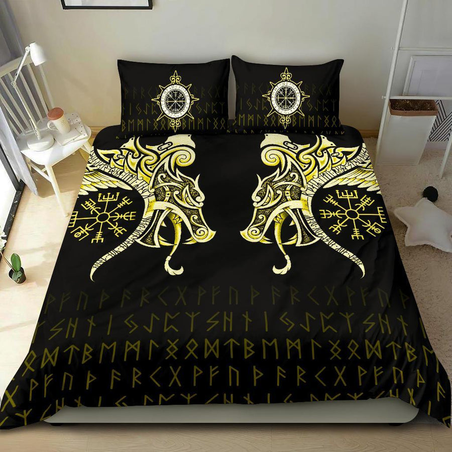 Ligerking Bedding Set, Fenrir Raven And Vegvisir Tattoo Yellow A31