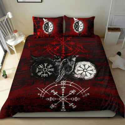 Ligerking - Bedding Set Raven of Odin and Symbol Viking on Blood Background A27
