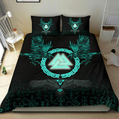 Viking Bedding Set Three Raven and Valknut Cyan A27