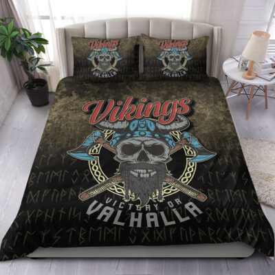 Ligerking Bedding Set - Vikings Victory Or Valhalla Skull With Crossed Axe Bedding Set A95