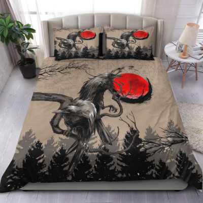 Ligerking Bedding Set - Viking Huginn and Muninn Raven on Tree Branch and Blood Moon Bedding Set A35