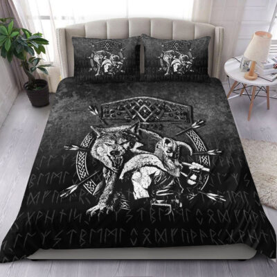 Ligerking Bedding Set - Fenrir Wolf Of Odin Norse Runes Thor Hammer Mjolnir Bedding Set A7
