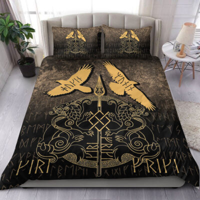 Ligerking Bedding Set - Norse Mythology Spear of Odin Gungnir Runes Geri Freki Huginn Muninn Bedding Set A7
