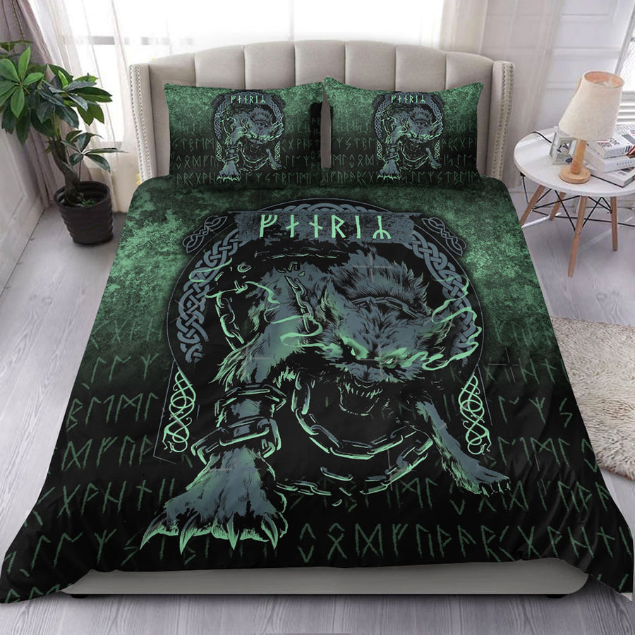 Ligerking Bedding Set - Fenrir Wolf Norse Futhark Runes Viking Mythology Ragnarok Green Bedding Set A7