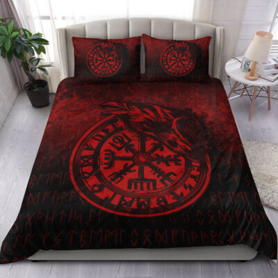 Ligerking Bedding Set - Viking Vegvisir Rune with Crow - Red Version Bedding Set A7