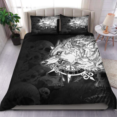 Ligerking Bedding Set - Fenrir Wolf Skull and Sun Vegvisir Bedding Set A35
