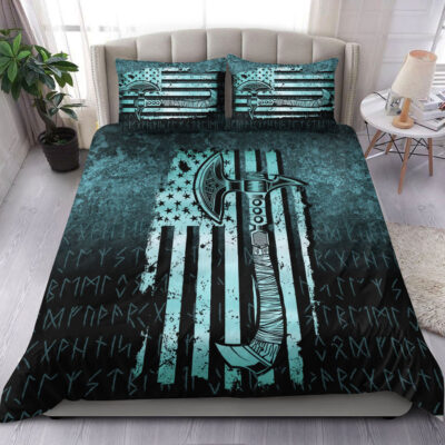 Ligerking Bedding Set - USA Flag Viking Cool American Norsemen - Cyan Version Bedding Set A7