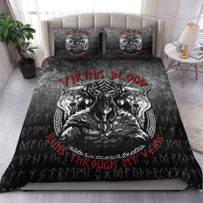 Ligerking Bedding Set - Odin Geri And Freki Wolfs Viking Blood Runs Through My VeinsBedding Set A7