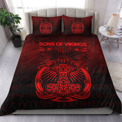 Ligerking Bedding Set - Vikings Ravens Mjolnir - Red Version Bedding Set A7