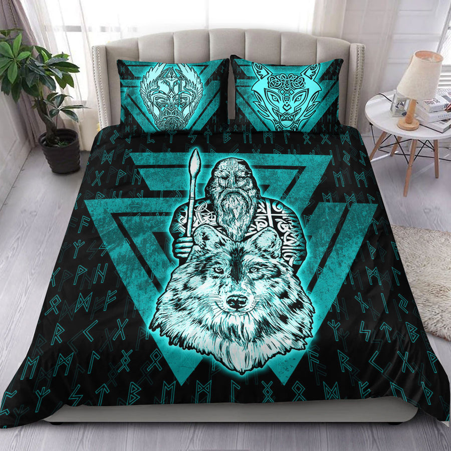 Ligerking Bedding Set -Viking Odin Wolf Turquoise Bedding Set A95