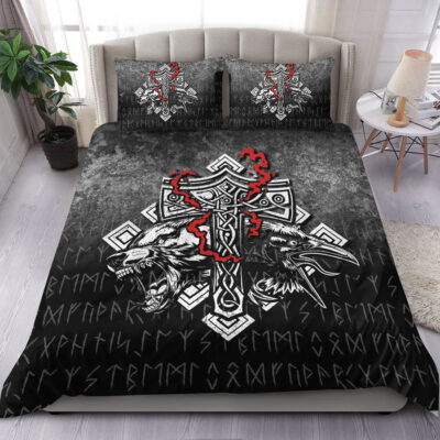 Ligerking Bedding Set -Thor-Hammer-Mjolnir-Rune-Protection-Odin-Raven-Viking Bedding Set A7