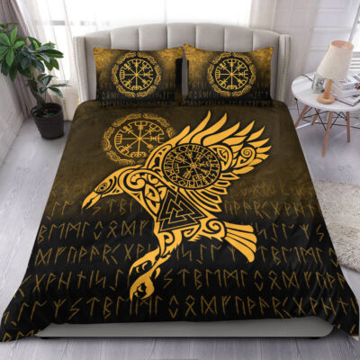 Ligerking Bedding Set - Raven Vegvisir Tattoo - Gold Version Bedding Set A7