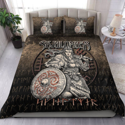 Ligerking Bedding Set -Skjaldmaer Shieldmaiden Norse Younger Futhark Runes Female Viking Warrior Vegvisir Bedding Set A7