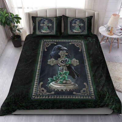 Ligerking Bedding Set - Viking Raven Celtic and Cross Green Style Bedding Set A35
