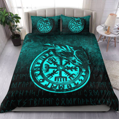 Ligerking Bedding Set - Viking Vegvisir Rune with Crow - Cyan Version Bedding Set A7