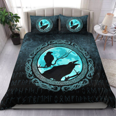 Ligerking Bedding Set - Vikings Huginn Muninn Odinâ€™s Ravens - Cyan Version Bedding Set A7