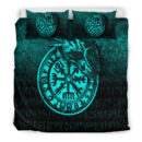 Ligerking Bedding Set - Viking Vegvisir Rune with Crow - Cyan Version Bedding Set A7