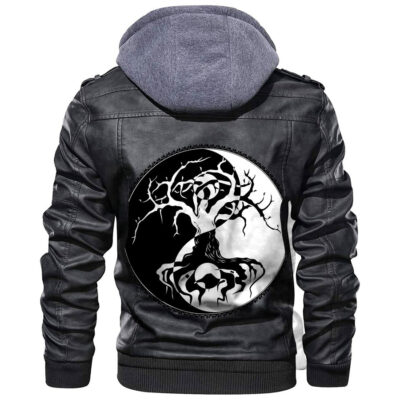 Ligerking - Celtic Symbol Of Yin And Yang Druidic Yggdrasil Tree Leather Jacket A35