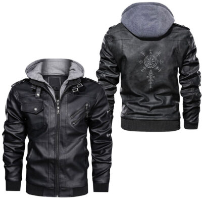 Ligerking - Classic Viking Symbols Compass Vegvisir Nordic Rune Celtic Leather Jacket A35