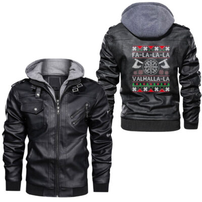 Ligerking - Fa La La Valhalla Viking Ship Ugly Christmas Xmas Leather Jacket A35